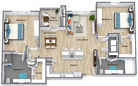 Floor plan for 2 beds, 2 baths, 1145 sqft